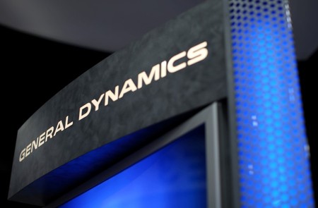 A General Dynamics sign is shown at the International Association of Chiefs of Police conference in San Diego, California