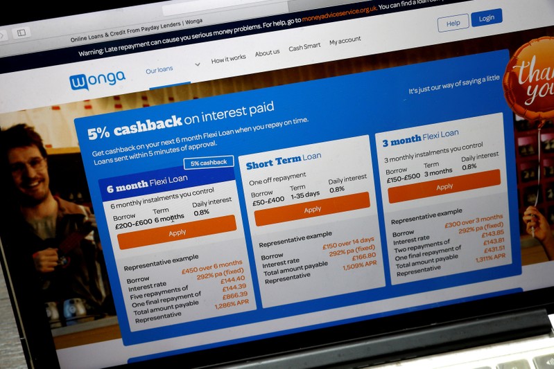 FILE PHOTO: The website of Wonga.com is seen on a computer screen in London