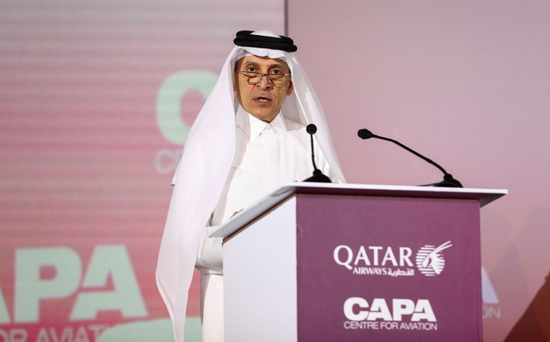 FILE PHOTO: Qatar Airway's Chief Executive Officer, Akbar Al Baker speaks in a welcome speech at Qatar aviation conference, in Doha