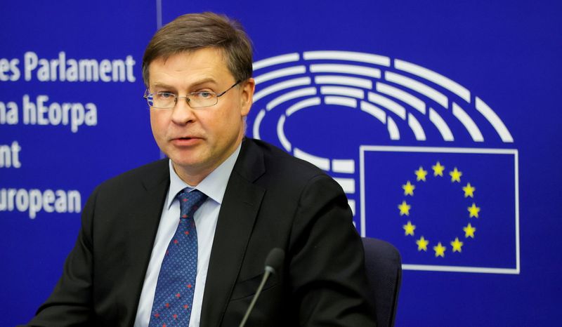 FILE PHOTO: FILE PHOTO: European Commission Executive Vice President Valdis Dombrovskis attend a press conference at European Parliament session in Strasbourg