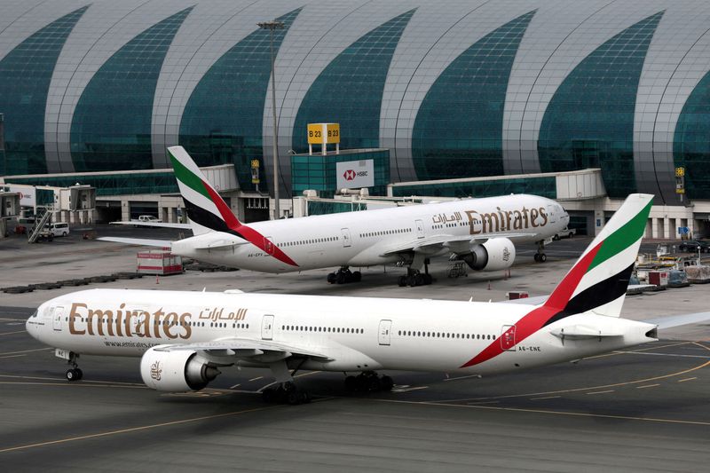 FILE PHOTO: Emirates Boeing 777 planes at Dubai International Airport