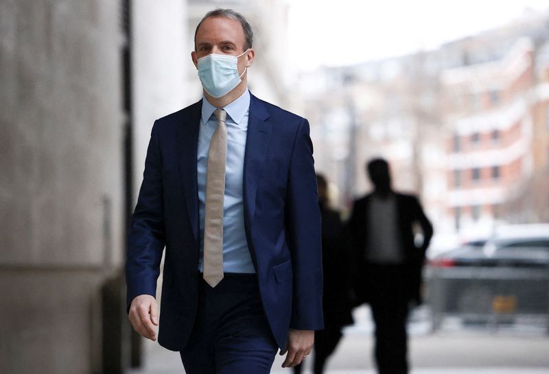 British Deputy Prime Minister Dominic Raab arrives at the BBC headquarters in London