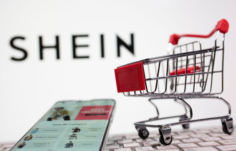 FILE PHOTO: A keyboard and a shopping cart are seen in front of a displayed Shein logo in this illustration picture
