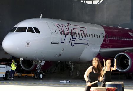 The new design of Wizz Air's aircraft is presented on the tarmac at Budapest Airport