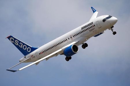 Bombardier CS300 participates in a flying display during the 51st Paris Air Show at Le Bourget airport near Paris