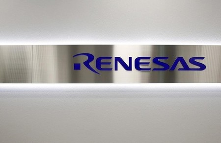 File photo of the logo of Renesas Electronics Corp at the company's headquarters in Tokyo