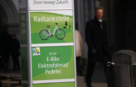 A fuel station for e-bikes is pictured in the historic city centre of the western German city of Koblenz