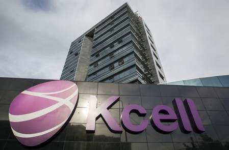 The KCell logo is on display in front of the company's headquarters in Almaty