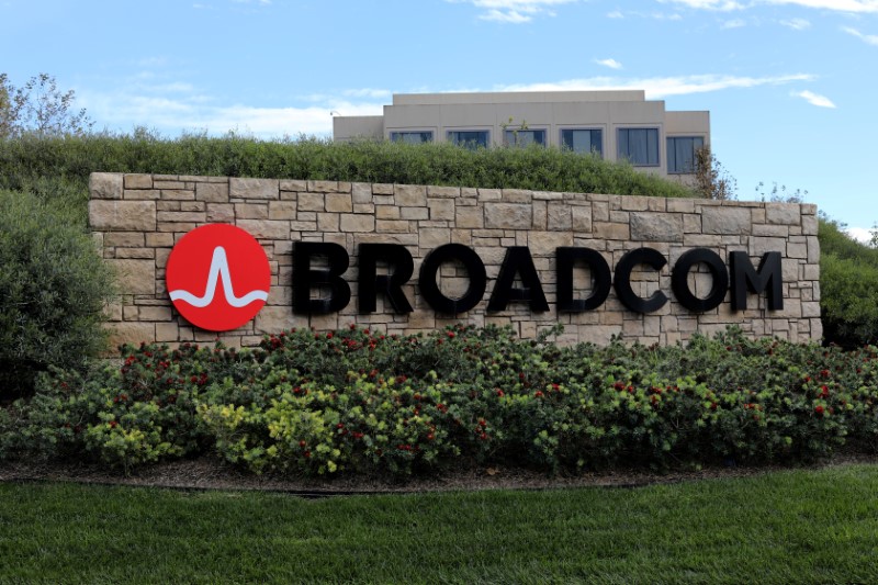 FILE PHOTO: A sign to the campus offices of chip maker Broadcom Ltd, who announced on Monday an unsolicited bid to buy peer Qualcomm Inc for $103 billion, is shown in Irvine, California