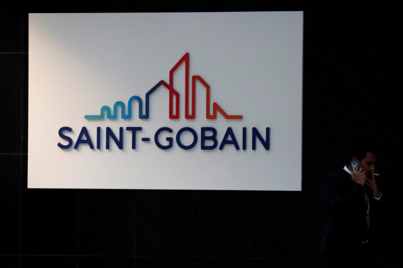 The Saint-Gobain logo is seen on the company headquarters building at the La Defense business district in Courbevoie