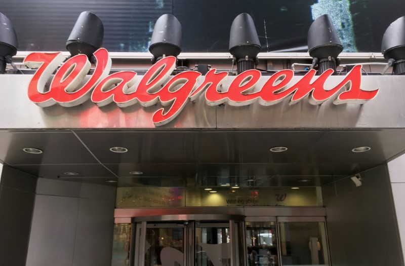 The Walgreens logo is seen outside the store in Times Square in New York