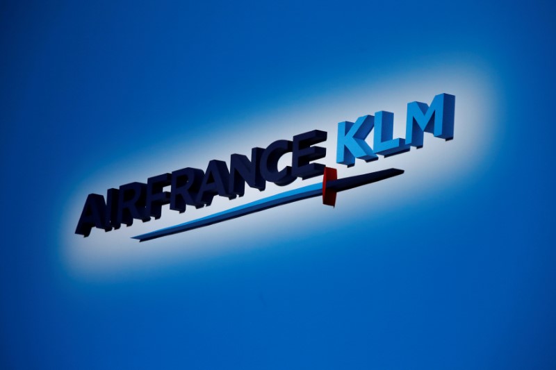 FILE PHOTO: The Air France-KLM company logo is seen at the annual shareholder meeting in the La Defense business district in Puteaux