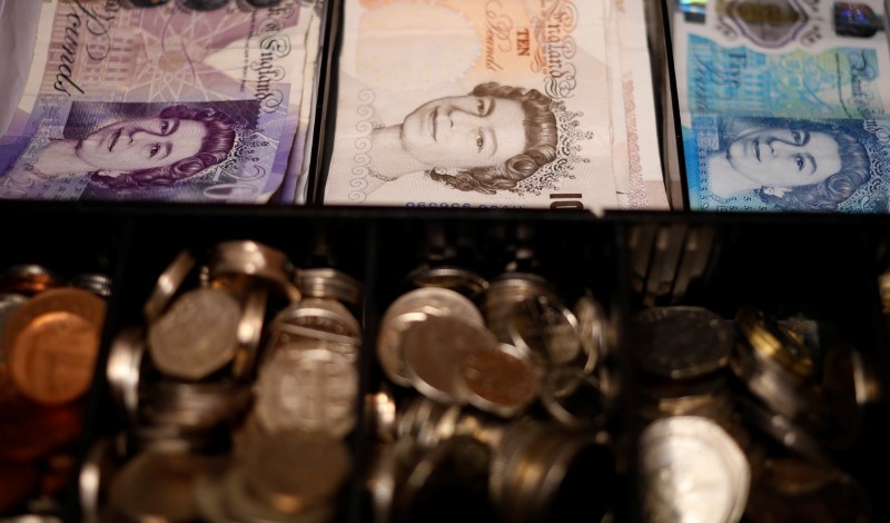 FOTO DE ARCHIVO: Billetes y monedas de libra en una caja registradora en un bar en Manchester