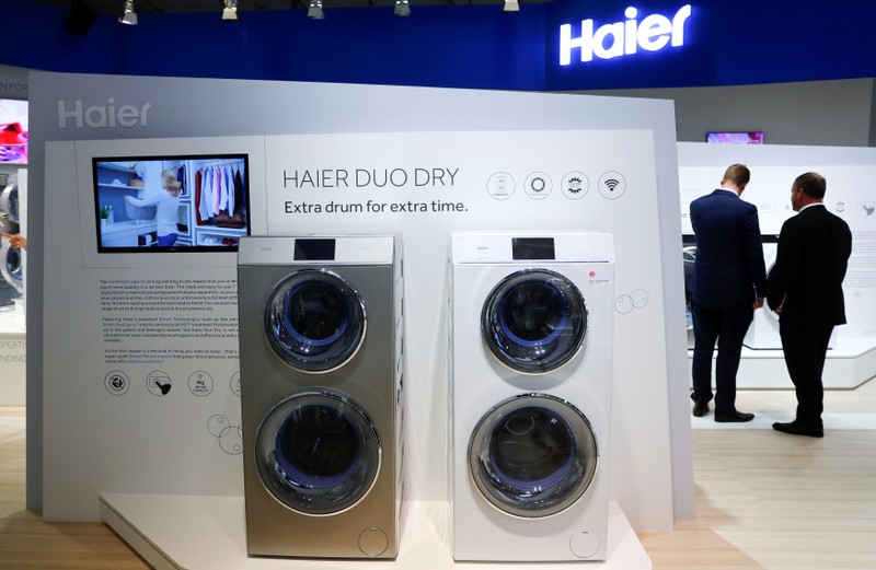 Dual front-loading washers by Haier are pictured at the IFA Electronics Show in Berlin
