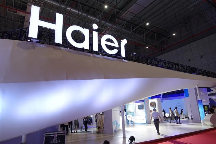 Haier sign is seen at its booth during the Aquatech China exhibition in Shanghai