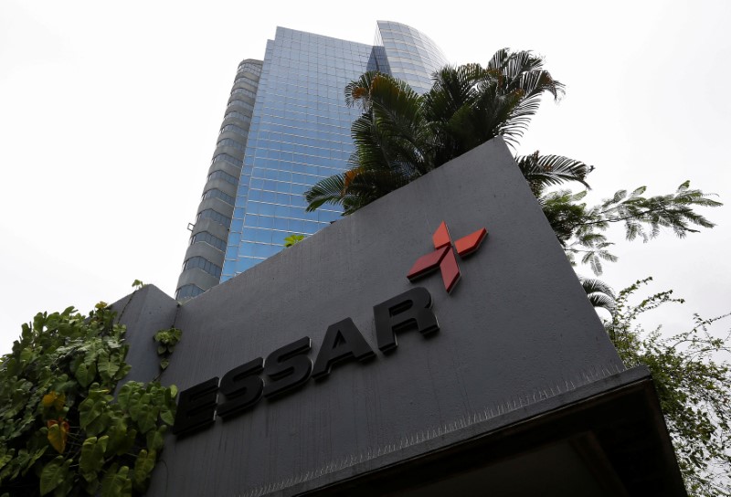 FILE PHOTO: The logo of Essar group is seen at its headquarters in Mumbai