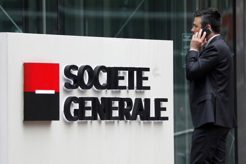 The logo of Societe Generale is pictured outside the headquarters of the French bank at the financial and business district of La Defense at Puteaux near Paris