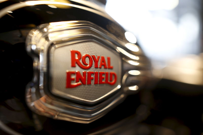 FILE PHOTO: The logo of Royal Enfield is pictured on a bike at Royal Enfield's flagship shore in Bangkok
