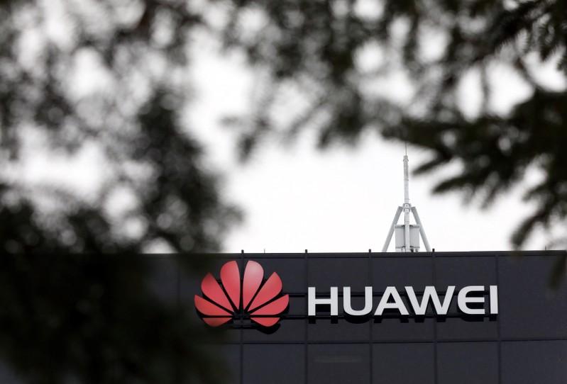 The Huawei logo is pictured outside their research facility in Ottawa
