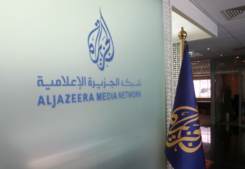 FILE PHOTO:  Al Jazeera logo seen inside HQ in Doha
