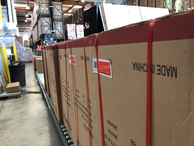 FILE PHOTO: Boxes marked 'Made in China' are lined up in NewAir's warehouse in Cypress