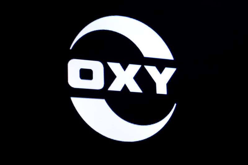 The logo for Occidental Petroleum is displayed on a screen on the floor at the NYSE in New York