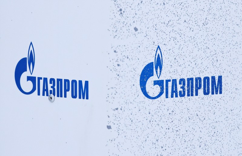 FILE PHOTO: Gazprom logos are on display at Bovanenkovo gas field