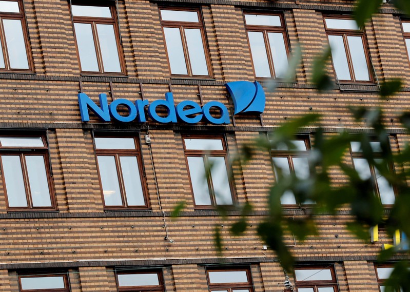 Nordea bank sign is seen in Copenhagen