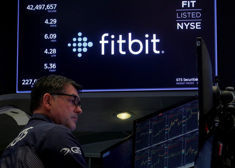 FILE PHOTO: The logo for wearable device maker Fitbit Inc. is displayed on a screen on NYSE floor in New York