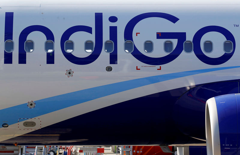 The logo of IndiGo Airlines is pictured on passenger aircraft on the tarmac in Colomiers near Toulouse