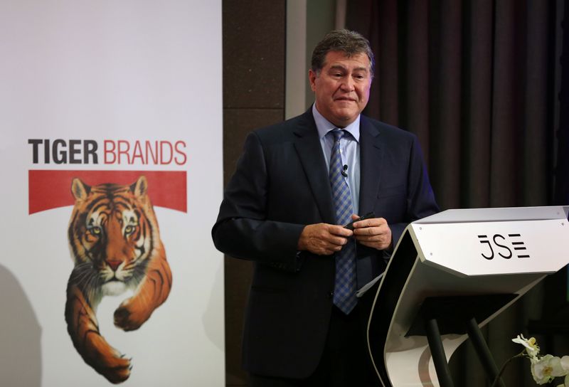 bTiger Brands Chief Executive Lawrence MacDougall speaks during the release of their interim results in Johannesburg
