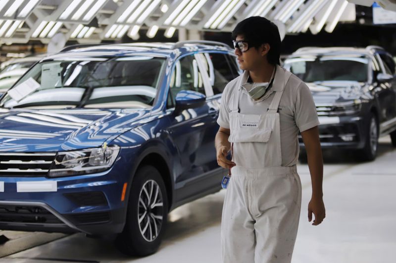 Volkswagen Tiguan cars are pictured in a production line at company's assembly plant in Puebla