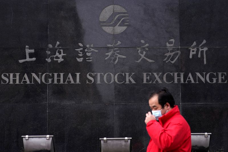 FILE PHOTO: A man wearing a mask walks by the Shanghai Stock Exchange building at the Pudong financial district in Shanghai