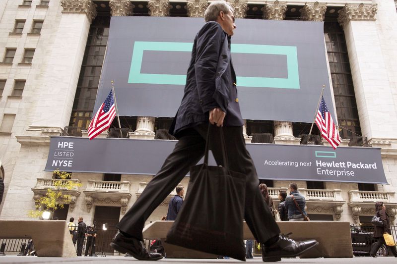 FILE PHOTO: Signs for Hewlett Packard Enterprise Co. cover the facade of the New York Stock Exchange