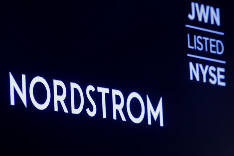 The company logo for Nordstrom Inc, is displayed on a screen at the NYSE in New York