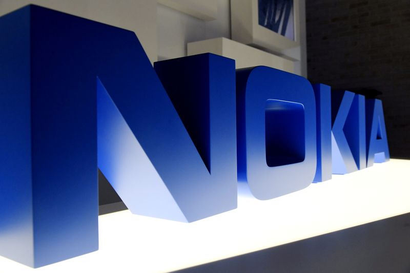 The logo of Nokia is seen before the company's news conference in Espoo