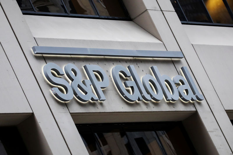 The S&P Global logo is displayed on its offices in the financial district in New York