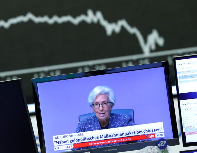 FILE PHOTO: A television broadcast showing Christine Lagarde, President of the European Central Bank (ECB), is pictured during a trading session at Frankfurt's stock exchange in Frankfurt