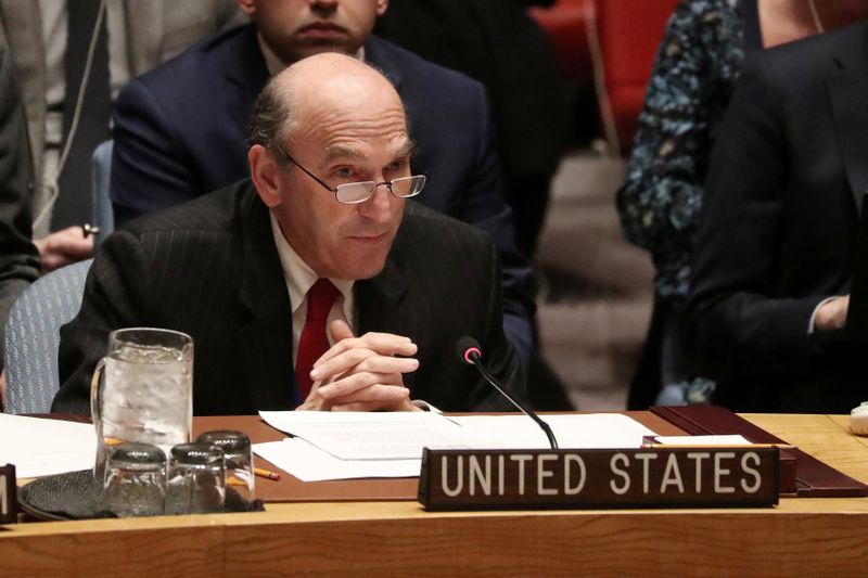 FILE PHOTO: American diplomat Elliott Abrams speaks during the United Nations Security Council meeting about the situation in Venezuela, in New York