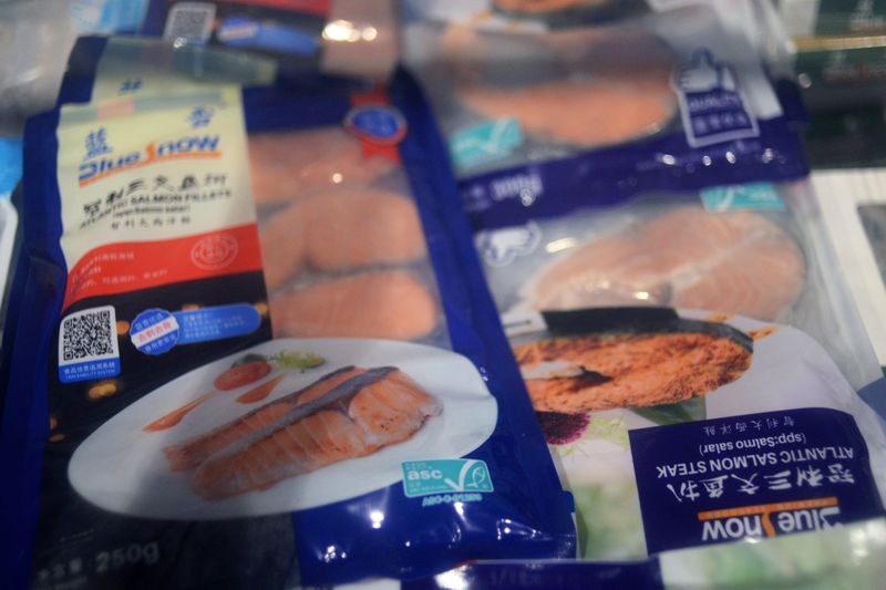 FILE PHOTO: Frozen seafood products made from imported salmon are seen at a Carrefour supermarket in Beijing
