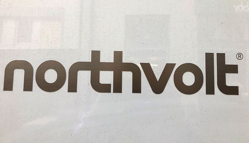 FILE PHOTO: Northvolt logo is pictured in the Northvolt office in Stockholm