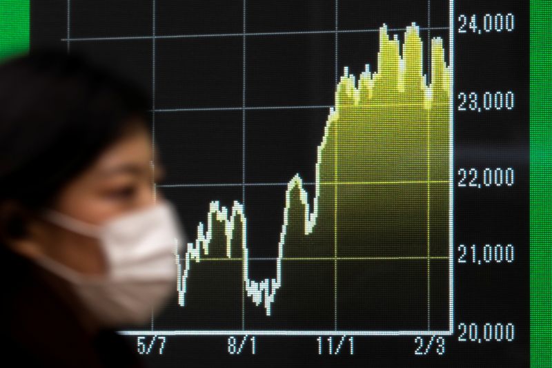 Una donna con una mascherina cammina davanti a un tabellone elettronico che traccia l'indice Nikkei a Tokyo