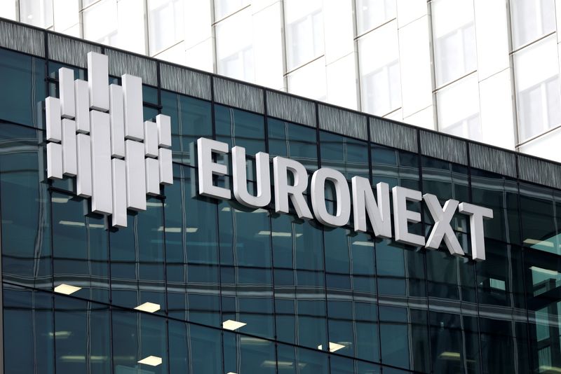 FILE PHOTO: The logo of stock market operator Euronext is seen on a building in the financial district of la Defense in Courbevoie