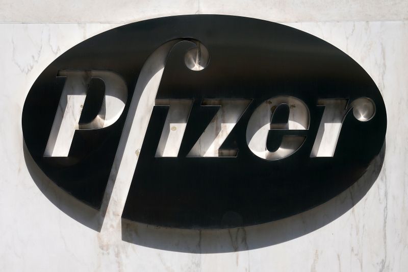 FILE PHOTO: A sign is pictured outside Pfizer Headquarters in the Manhattan borough of New York City