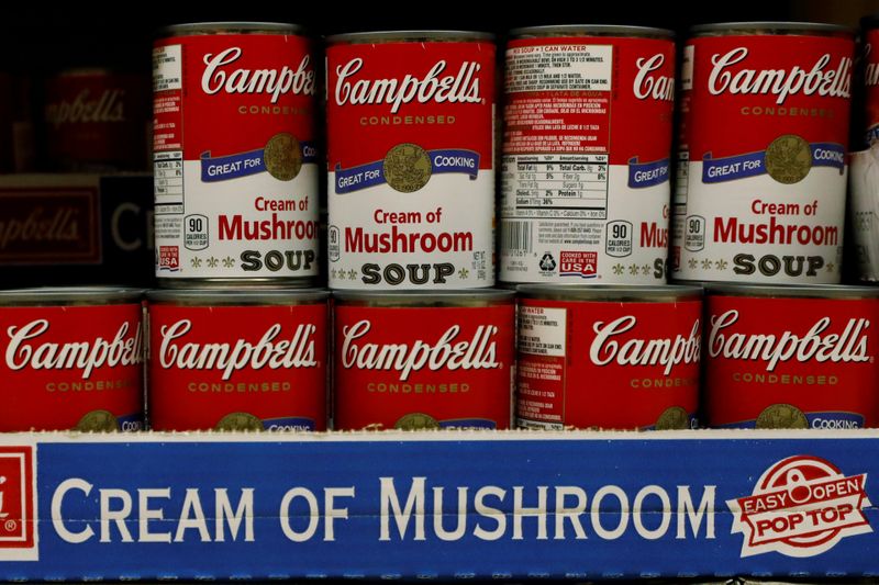 FILE PHOTO: Cans of Campbell's Soup are displayed in a supermarket in New York