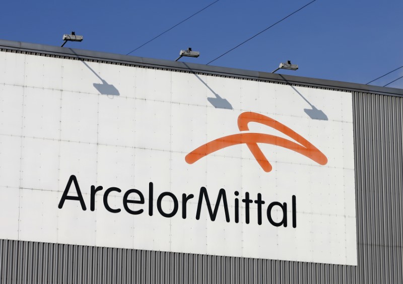 The logo of steel factory ArcelorMittal is pictured in Seraing