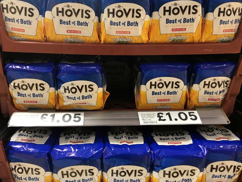 FILE PHOTO: Loaves of Hovis bread are pictured on the shelves of a supermarket in Manchester
