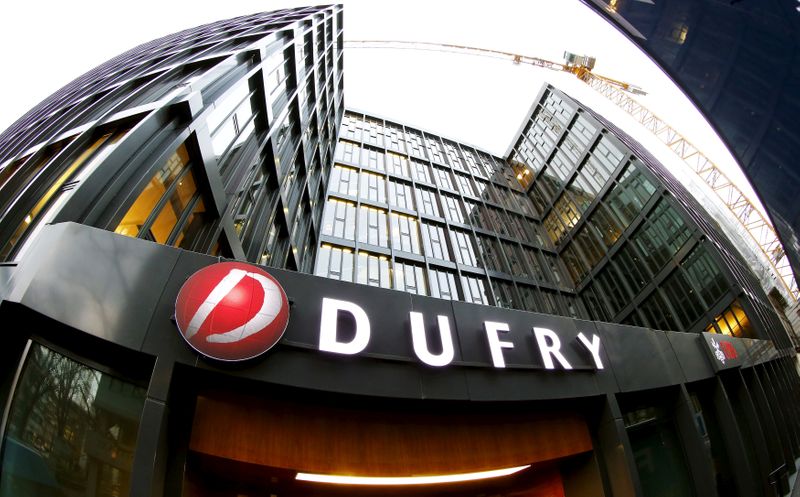 FILE PHOTO: The logo of Swiss Dufry is seen at its headquarters in Basel