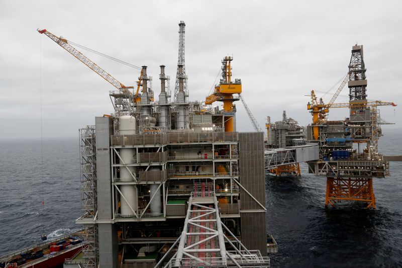FILE PHOTO: A general view of the Equinor's Johan Sverdrup oilfield platforms in the North Sea