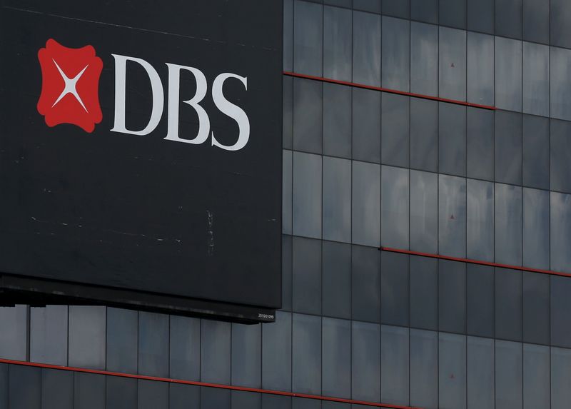 A logo of DBS is pictured outside an office in Singapore
